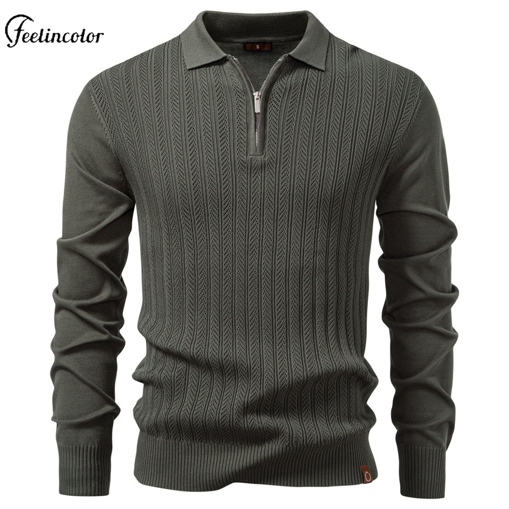 Mens Fashion Quarter Zip - Polo vert Olive pour hommes, fermeture