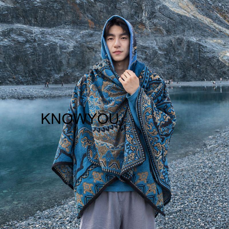 Mens Fashion Poncho - Châle épais pour homme avec chapeau,